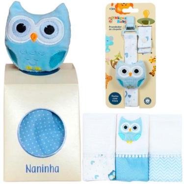 Imagem de Naninha + Prendedor de chupeta + Fralda de Boca Coruja Azul - Miguel B