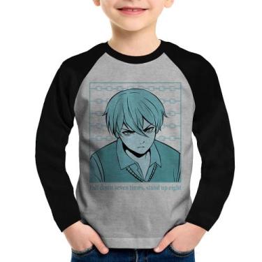 Imagem de Camiseta Raglan Infantil Fall Down Seven Times, Stand Up Eight Manga L