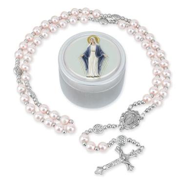 Imagem de SUTANALE Colar feminino de terço de pérola de vidro de 8 mm - Contas de oração católica com caixa de presente, joias religiosas feitas à mão para batismo, primeira comunhão, 19 inches (rosary