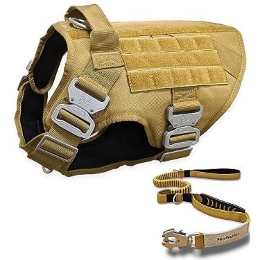 Imagem de Pets ProMax Peitoral tático para cães com guia tática para cães (2 em 1); colete tático estilo militar cinto de metal e correia elástica para cães com fivela de assento de carro - marrom (G)