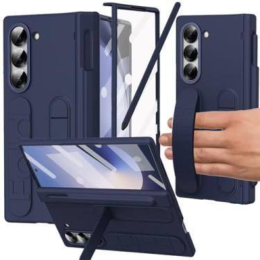 Imagem de YQODSZ Capa para Samsung Galaxy Z Fold 5 com suporte para caneta S e caneta Stylus, capa com suporte Z Fold 5 com alça de mão, proteção de dobradiça, protetor de tela, borda elevada para Z Fold 5 azul