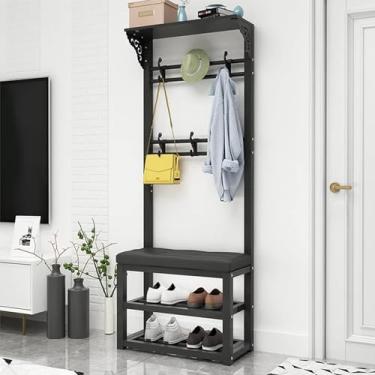 Imagem de Cabide de árvore 4 em 1 independente com prateleiras de armazenamento de 2 camadas e 8 ganchos duplos para entrada com banco e armazenamento de sapatos, para roupas, chapéu, bolsa guarda-chuva