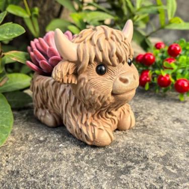 Imagem de wsmart Plantador de vaca Highland, vaso de plantas suculentas de resina, pequeno recipiente decorativo de flores de animais, presente para amantes de vaca (marrom claro)