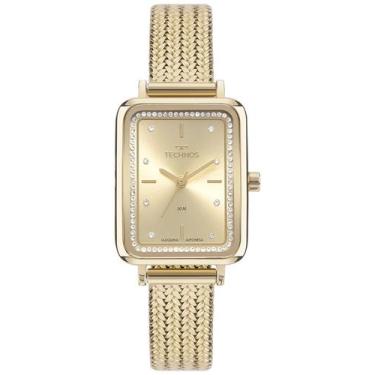 Imagem de Relogio Technos feminino dourado quadrado pequeno pulseira malha de aç