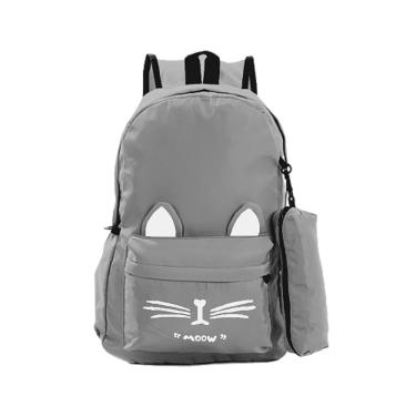 Imagem de Mochila Feminina Escolar de Gatinha Cinza Bolsa + Estojo