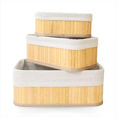 Imagem de Kit 3 Cestos Organizadores de Bambu com Forro Removível para Cozinha e Banheiro Organização de Roupas e Acessórios