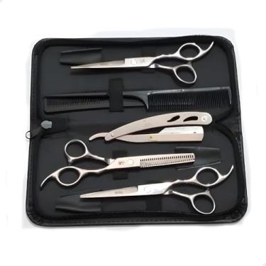 Imagem de Kit 3 Tesouras Profissional, 6.0, Fio Navalha, Fio Laser, Desfiadeira + Navalhete + Pentes e Estojo, Barbeiro, Cabelereiro, Corte de Cabelo, Aço Inox, Original (Cromado)