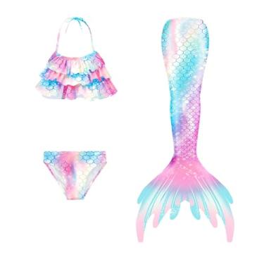 Imagem de LVTFCO Maiô de sereia para meninas colorido com escama de peixe frente única 3 peças roupa de praia cosplay roupa de desempenho, rosa - 150
