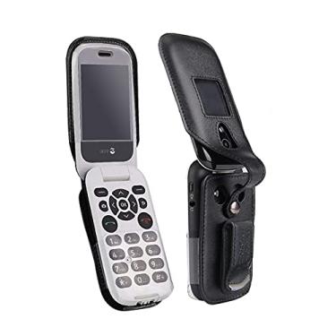 Imagem de Wireless ProTech Capa com clipe compatível com celular de consumo Doro Flip Phone modelo 7050, capa de couro ajustada, clipe de cinto giratório, proteção integrada para tela e teclado