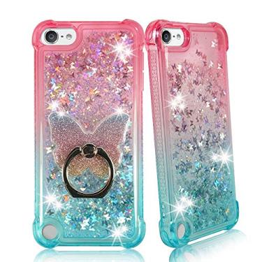 Imagem de ZASE Capa de design compatível com iPod Touch 7ª, 6ª geração, glitter líquido, brilhante, à prova de choque, borboletas 3D flutuantes, areia movediça com suporte para anel de telefone (gradiente rosa