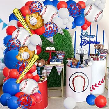 Imagem de AobkDeco Balão De Beisebol Guirlanda Arco Kit Decorações De Festa De Beisebol Com 113 Unidades Vermelho Branco Azul Confetes Balões De Látex Balões De Folha De Beisebol Para Tema De Beisebol Supriment
