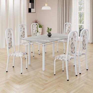 Imagem de Conjunto De Mesa Retangular 140x75cm Tampo Granito Topázio 6 Cadeiras Lavínea Arabesco Branco