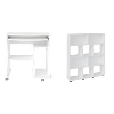 Imagem de Kit 2 Peças Com Escrivaninha Para Computador E Estante Para Livros 10 Nichos Branco