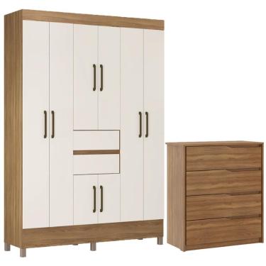 Imagem de Kit Guarda Roupa Casal 8 Portas Munique Cômoda Atria Amêndola Touch Off White