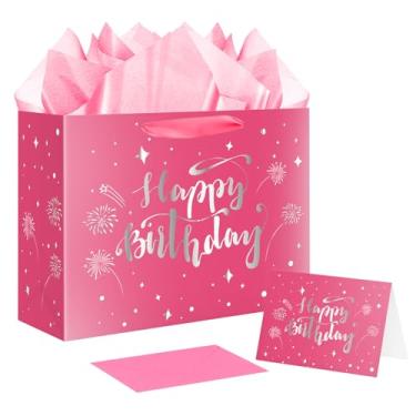 Imagem de Jaywayang Bolsa grande de presente de feliz aniversário rosa de 32 cm com cartão comemorativo, papel de seda para mulheres, meninas, crianças.