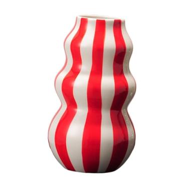 Imagem de WeiLaiKeQi Vaso de cerâmica listrado pintado, vaso de flores de arte moderna, peça central de mesa, decoração de mesa, arranjo de flores para, café, Vermelho