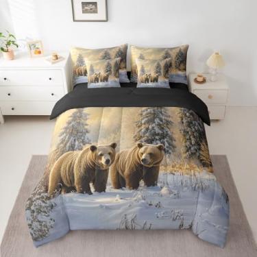 Imagem de Feelyou Jogo de cama king size com urso, animal selvagem, decoração rústica, campo, natureza, vida selvagem, urso, neve, árvore, acampamento, edredom com edredom, lençol e fronhas