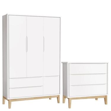 Imagem de Cômoda Gaveteiro E Guarda Roupa Infantil 3 Portas New Classic Branco Com Pés Madeira Natural - Reller