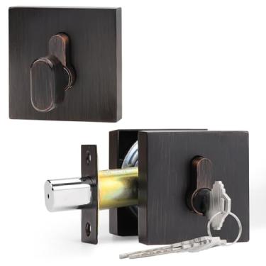 Imagem de Probrico Fechadura de cilindro único bronze polido a óleo (chave diferente), chave de um lado, fechadura quadrada de segurança residencial para porta de entrada e portão frontal, pacote com 2