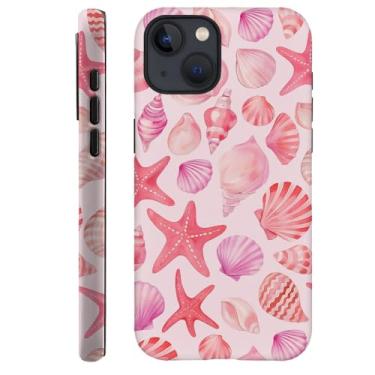 Imagem de Capa compatível com iPhone 13, capa rígida híbrida de 2 camadas, macia à prova de choque para meninas e mulheres, padrão de estrelas do mar de conchas rosa