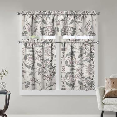 Imagem de Conjunto de cortinas de cozinha para janelas retrô flor cozinha decoração pia janela conjunto 3 peças cinza vintage cortinas florais 3 painéis decoração para sala de estar, quarto, casa