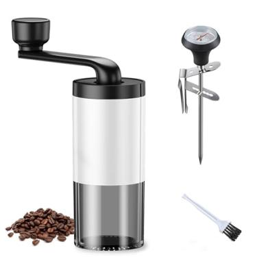 Imagem de Moedor de café manual com rebarba de cerâmica – ajustável para prensa francesa expresso – manivela, portátil para acampamento, viagem para casa – com termômetro de café a 100 °C (conjunto branco)