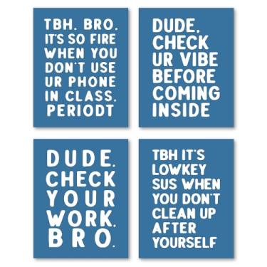 Imagem de Hxlac Conjunto de 4 impressões engraçadas de arte de parede para sala de aula do ensino médio - arte de parede do ensino médio, pôsteres de sala de aula azul e branco, decoração de parede de sala de