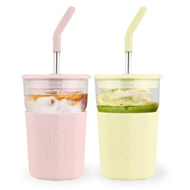 Imagem de wangsdjy Copo de vidro de 425 g com canudo e tampa - xícara de café gelado, copo de smoothie com manga de silicone e coador de chá, copo de vidro para vitaminas, chá de flores, café, sucos (rosa +