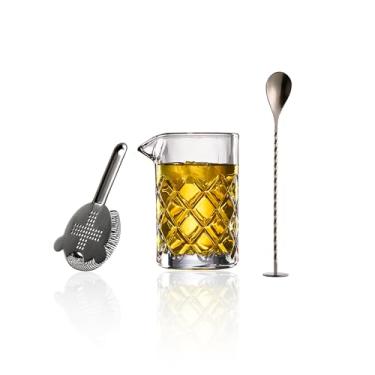 Imagem de Fioance Conjunto de copos para coquetel, conjunto de mistura de barra com vidro de fundo grosso de cristal de 382 g, colher com coador e coador, cristal resistente soprado à mão sem costura, presente