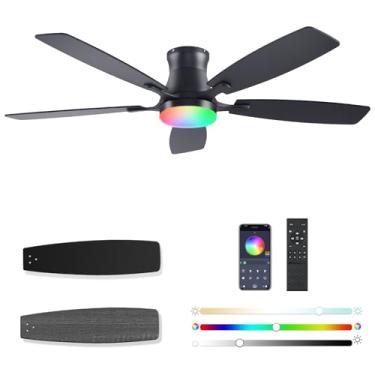 Imagem de FUMLTP Ventoinhas de teto de 137 cm com luzes, ventilador de teto RGB de baixo perfil com luz e controle remoto/aplicativo, regulável, motor reversível CC, silencioso, 6 velocidades, ventilador de