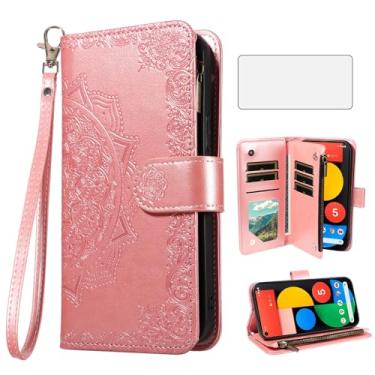 Imagem de Asuwish Capa de celular para celular Google Pixel 5 com protetor de tela de vidro temperado e flor flip porta-cartão de crédito suporte Pixel5 5G Pixle Five G5 mulheres homens ouro rosa