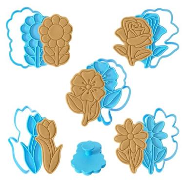 Imagem de Conjunto de cortador e carimbo de biscoito de flores – Conjunto de 5 peças – Artigos de alce – Fácil de usar, seguro para alimentos, ecológico – perfeito para crianças, padeiros, festas de primavera