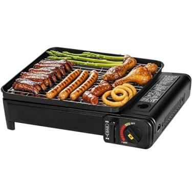 Imagem de Fogão portátil de butano – Fogão compacto a gás com grade removível + estojo de transporte durável | Churrasco de mesa de combustível duplo para acampamento, churrasco coreano, uso não autorizado |