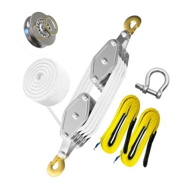 Imagem de YATOINTO Talha de Corda de 4400 Lb, Bloco de Polia com Manilha de 3/8" E 2 Peças de Eslinga de Elevação, Bloco de Força de Elevação 8:1 E Sistema de Polia de Equipamento, Talha de Corda de 65 Pés Para