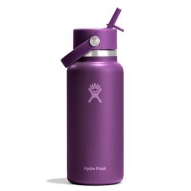 Imagem de Hydro Flask Garrafa de água - aço inoxidável isolado - tampa flexível com canudo de boca larga, não derrama, à prova de vazamento e recarregável em roxo Beachplum de 940 ml