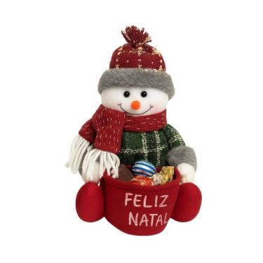 Imagem de Boneco de Neve Sentado Decorativo Natal Pelúcia Saco Feliz Natal Vinho e Verde 20cm