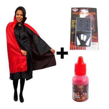 Imagem de Fantasia Halloween Masculina Conde Drácula Capa de Vampiro Dupla Face Adulto Completo com Sangue e Presa