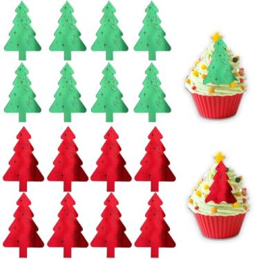 Imagem de 16 peças de enfeite de cupcake de Natal em forma de árvore de Natal verde vermelho acrílico para decoração de sobremesa, decoração de cupcake de Natal para decoração de festa de Natal