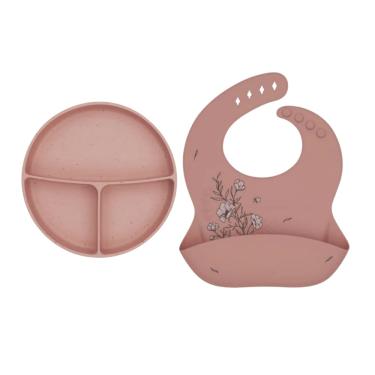 Imagem de Kit Silicone Platinum Blush - Prato com Divisorias + Babador Flora - Kikka Boo