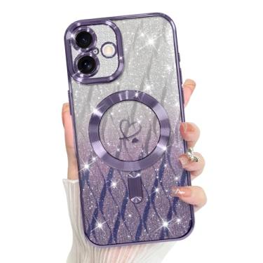 Imagem de Bonoma Capa compatível com iPhone 16 compatível com MagSafe, capa quadriculada magnética com glitter de coração chapeado, proteção de câmera TPU para meninas e mulheres - roxo