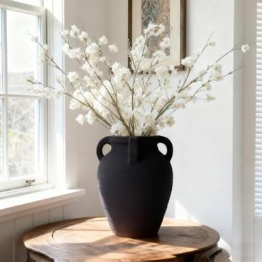 Imagem de Vaso de terracota preto feito à mão, 25 cm de altura com 4 orelhas, vasos de cerâmica de boca larga, vaso de fazenda vintage, vasos decorativos rústicos com acabamento fosco antigo para casa, sala de