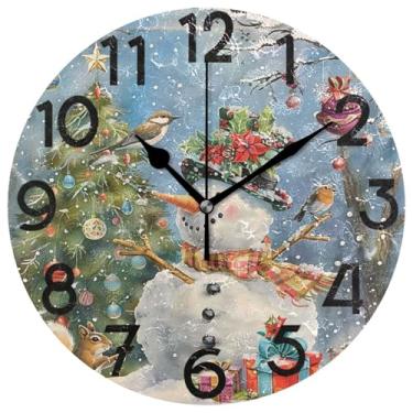 Imagem de Relógio redondo de inverno, boneco de neve, pássaros, números grandes, árvore de Natal, floco de neve, sinos de Natal, relógios de parede, 25,4 cm, quartzo operado por bateria, analógico, silencioso