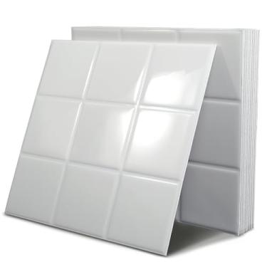 Imagem de Azulejos de parede 3D brilhantes para descascar e colar - 10 peças 29 x 29 cm impermeável PVC quadrado autoadesivo para cozinha, quarto, sala de estar, banheiro, trailer, fácil instalação DIY, branco