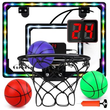 Imagem de Cesta de Basquete com 3 Bolas, Placar Eletrônico, Luzes LED e 3 Modos de Jogo, Ideal para Crianças e Adolescentes, Biulotter, Preto