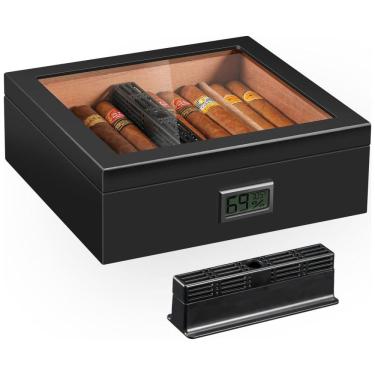 Imagem de Umidor de Charutos Teplat, Artesanal em Cedro, Higrômetro Digital, Divisor Removível, Acabamento Preto, Tampa de 120mm.