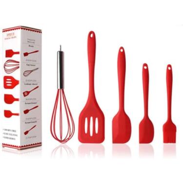 Imagem de Kit Utensílios de Cozinha em Silicone 5 Peças Resistente ao Calor com Batedor e Espátulas (Vermelho)