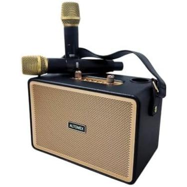 Imagem de Caixa de Som Bluetooth com Microfones Sem Fio Portátil 100W Karaokê Alto Falante Potente com Alça Conexão USB Cartão SD e Rádio FM