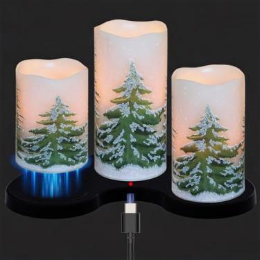 Imagem de Wondise Velas recarregáveis de árvore de Natal sem chamas com temporizador 6H, velas de pavio 3D de cera real operadas por bateria com base de carregamento, conjunto de 3 presentes de decoração de