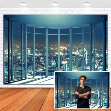 Imagem de Leowefowa 2,4 x 1,8 m Vinil Cidade Noturna Cenário Fotográfico Janela Francesa Nova York Vista Noturna Escritório Buliding Pano de Fundo para Escritório Vídeo Zoom Reunião Foto Estúdio Estúdio