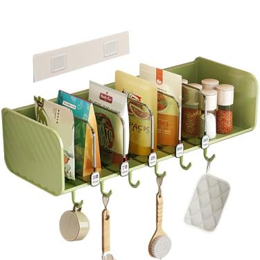 Imagem de COVRA Organizador de temperos montado na parede com 5 prateleiras e 6 ganchos, sem perfuração, design ajustável semiaberto, para parede de cozinha, armário, porta de despensa ou geladeira (verde)